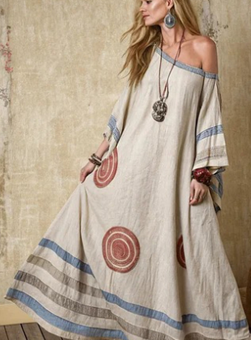 Printed V-Neck Three-Quarter Sleeve Long Kaftan Dress