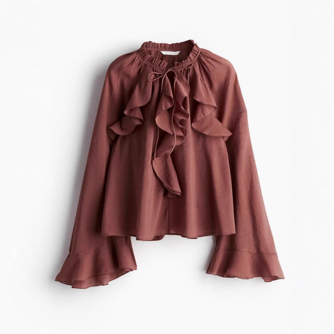 Ruffle-Trimmed Lace-Up Shirt Elegant Top for Women