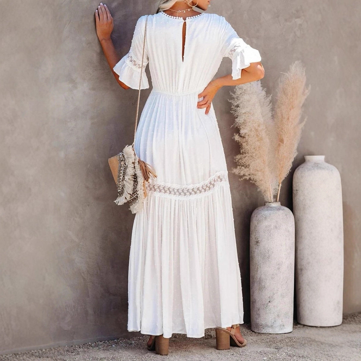 Springsummer New Womens Solid-Colored Lace-Trimmed V-Neck Short-Sleeve Dress