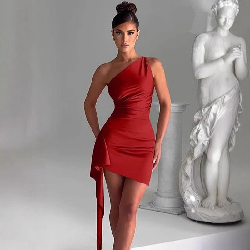 One-Shoulder Pleated Slit Satin Dress