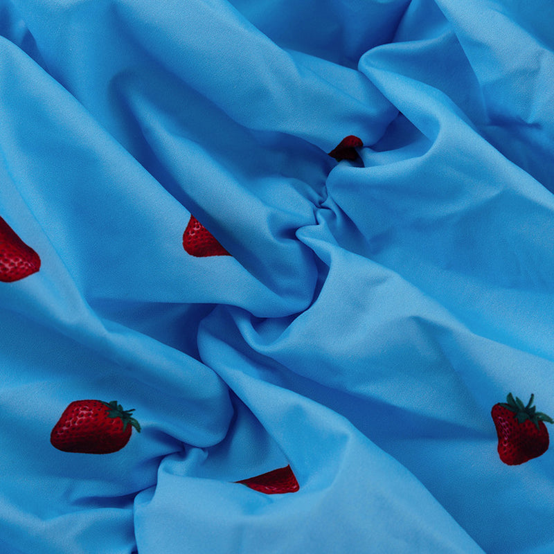 Blue Strawberry Print Ruched Mini Dress