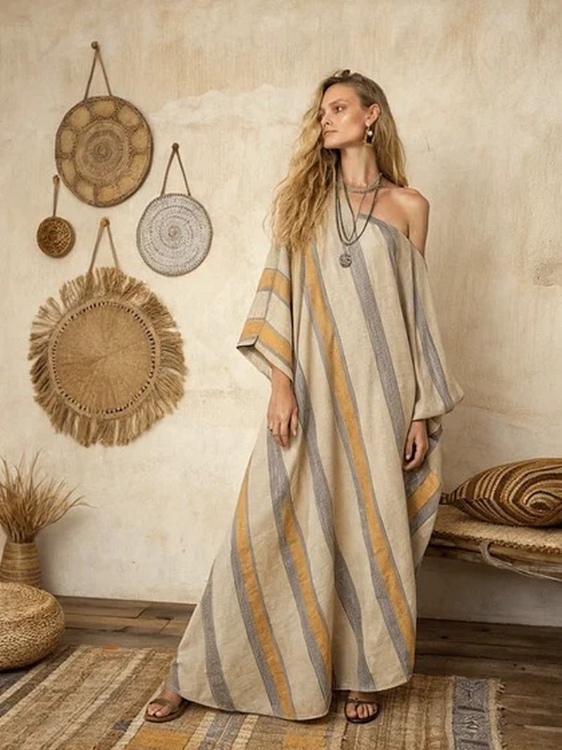 Printed V-Neck Three-Quarter Sleeve Long Kaftan Dress