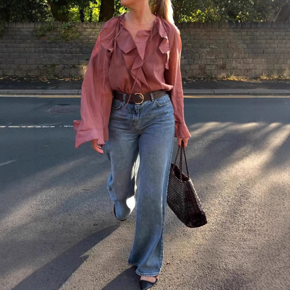 Ruffle-Trimmed Lace-Up Shirt Elegant Top for Women
