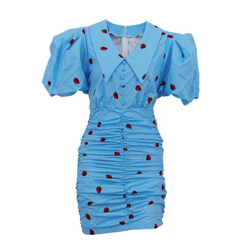 Blue Strawberry Print Ruched Mini Dress