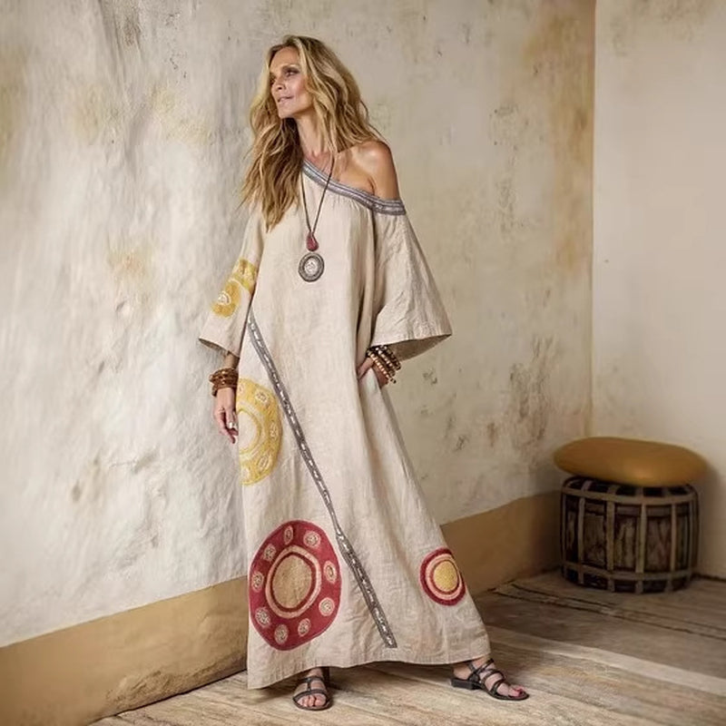 Printed V-Neck Three-Quarter Sleeve Long Kaftan Dress