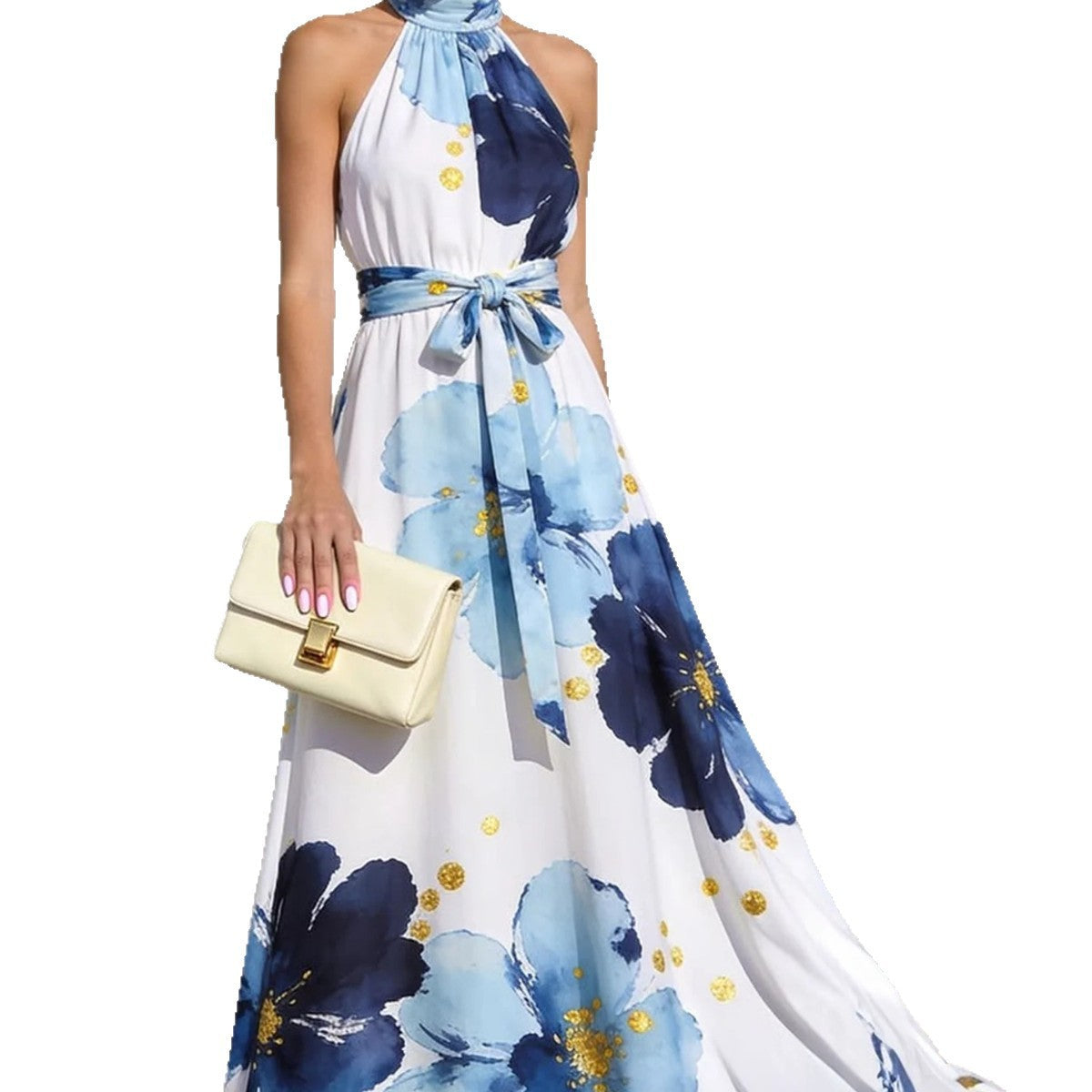 Resort-Style Floral High-Neck Lace-Up Sleeveless Maxi Dress