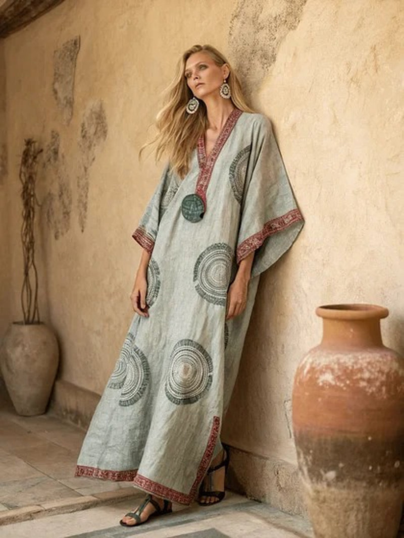 Printed V-Neck Three-Quarter Sleeve Long Kaftan Dress