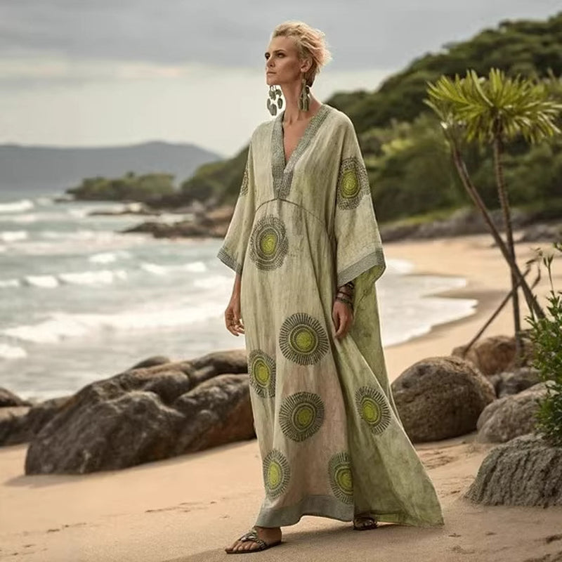 Printed V-Neck Three-Quarter Sleeve Long Kaftan Dress