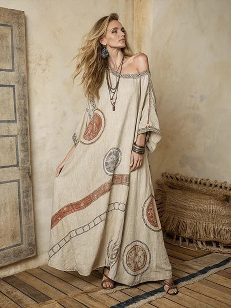 Printed V-Neck Three-Quarter Sleeve Long Kaftan Dress