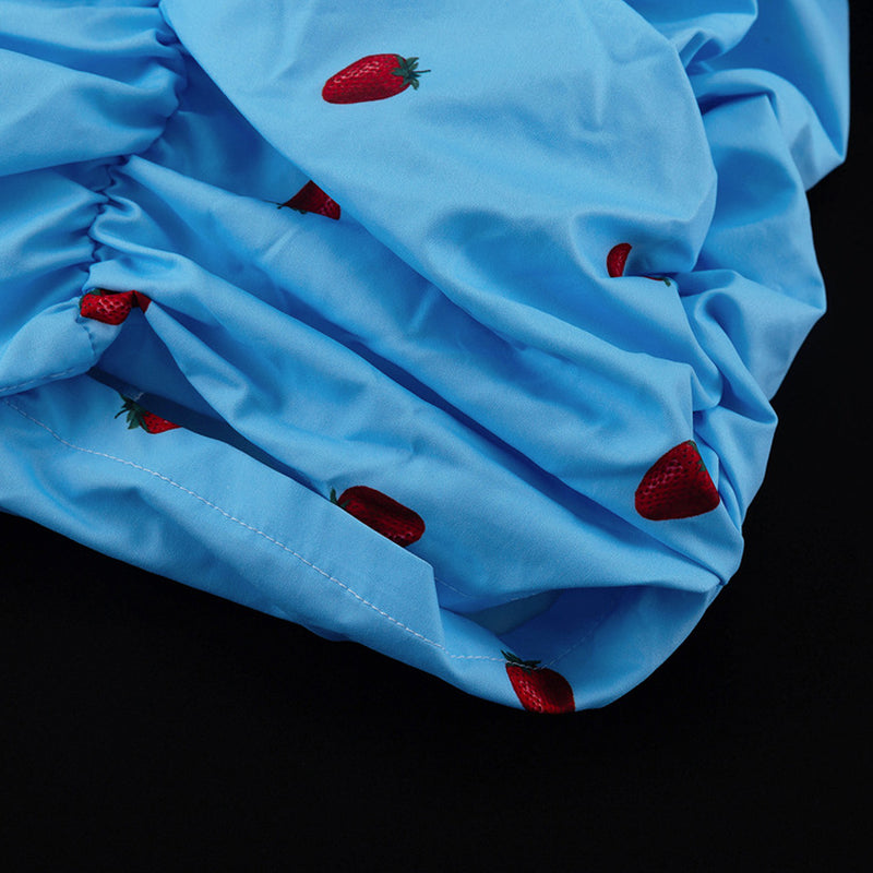 Blue Strawberry Print Ruched Mini Dress