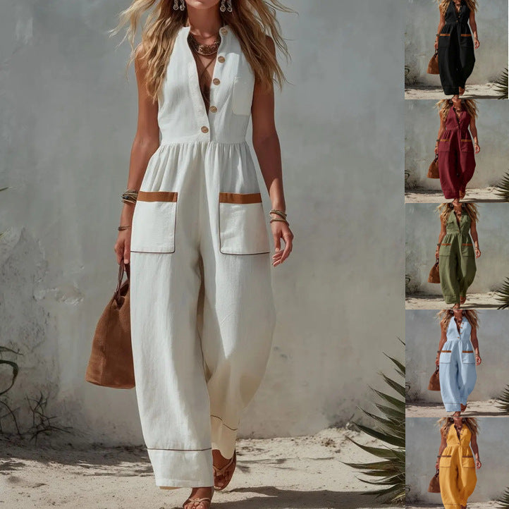 Womens Sleeveless Casual Loose Cotton-Linen Wide-Leg Jumpsuit