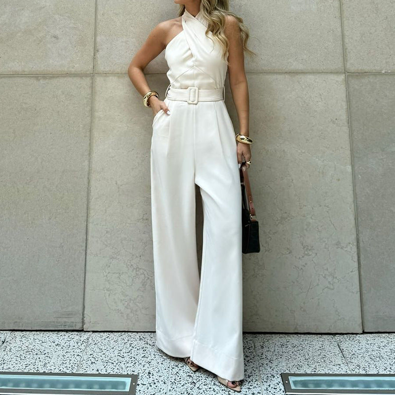 Solid-Color Halter-Neck Waist-Cinching Straight-Leg Jumpsuit