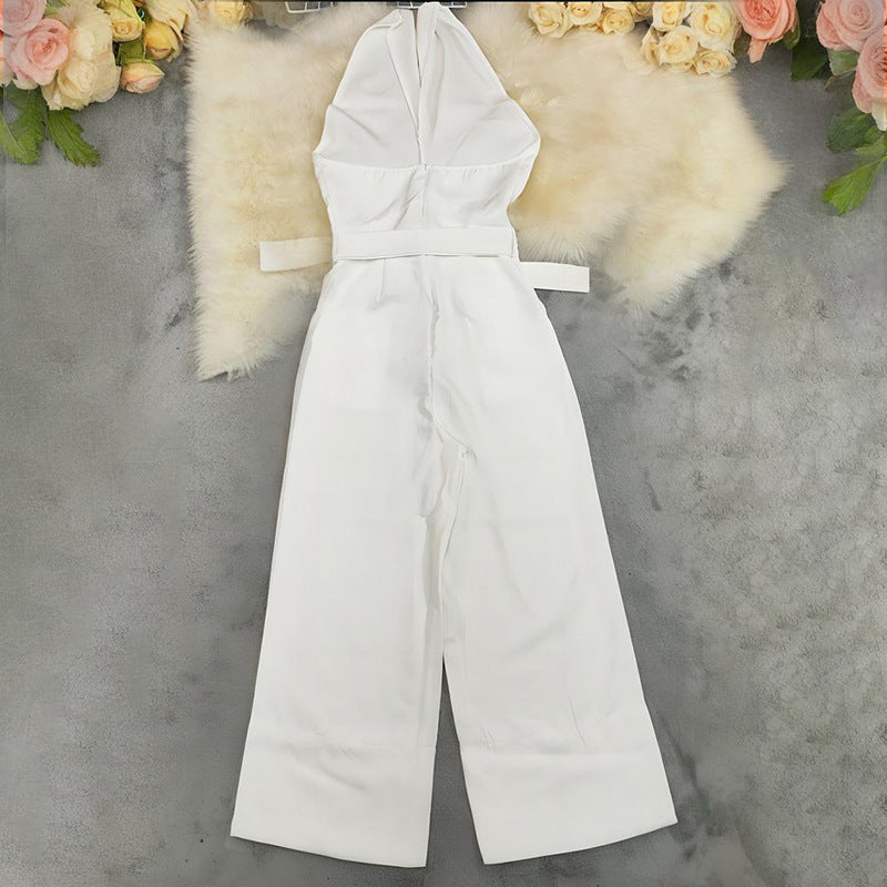 Solid-Color Halter-Neck Waist-Cinching Straight-Leg Jumpsuit