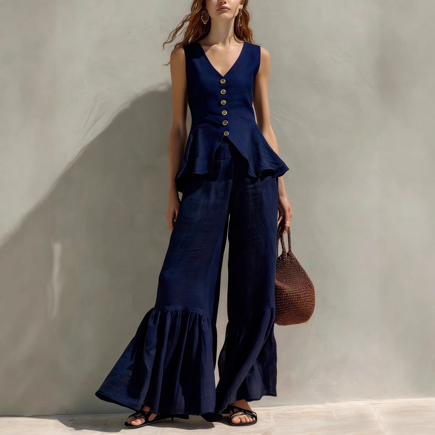 Womens V-Neck Button-Down Top with Flounce Hem and Wide-Leg Linen Pants