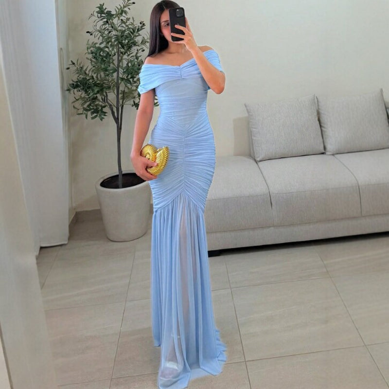 Slim Fit Pleated Mesh Patchwork Maxi Dress