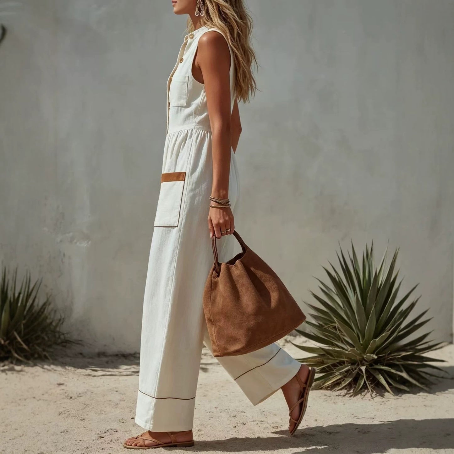 Womens Sleeveless Casual Loose Cotton-Linen Wide-Leg Jumpsuit