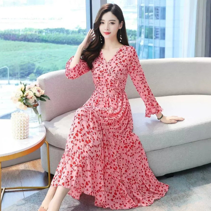 Womens Fashionable Slim-Fit Floral V-Neck Dress