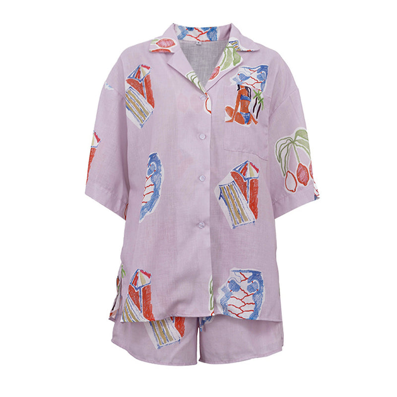 Tropical Print Linen Blend Shirt & Shorts Co-Ord Set