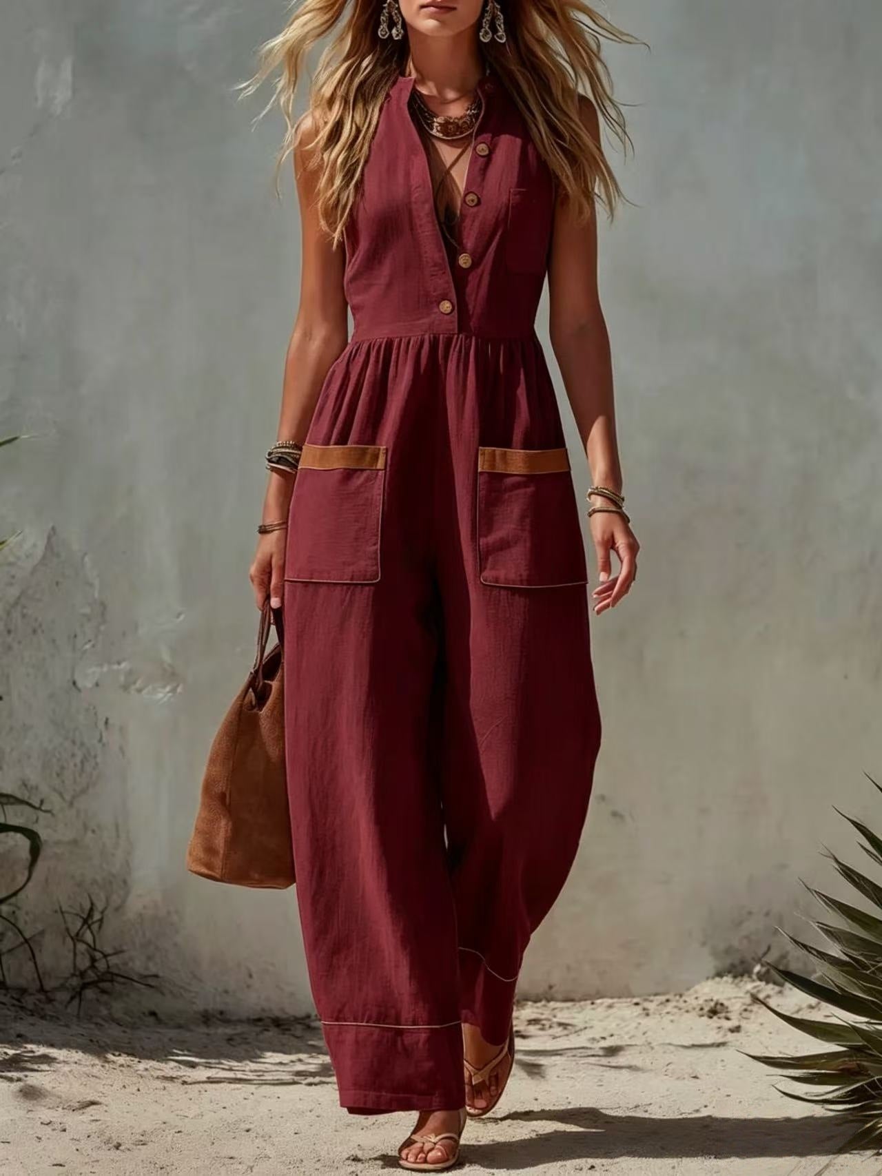Womens Sleeveless Casual Loose Cotton-Linen Wide-Leg Jumpsuit