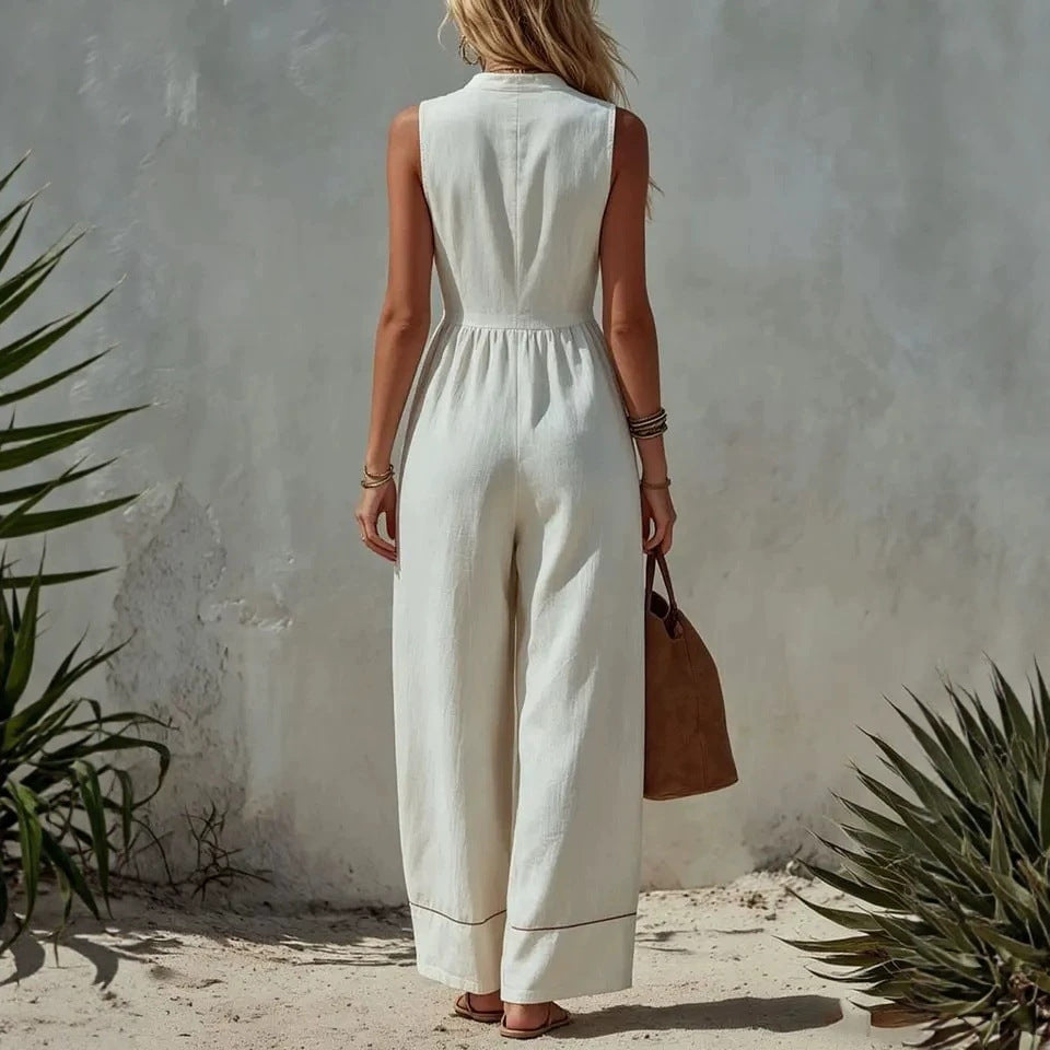 Womens Sleeveless Casual Loose Cotton-Linen Wide-Leg Jumpsuit