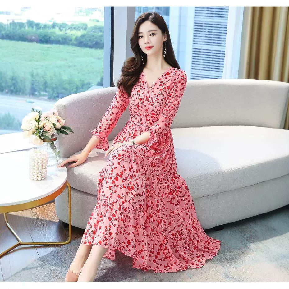 Womens Fashionable Slim-Fit Floral V-Neck Dress
