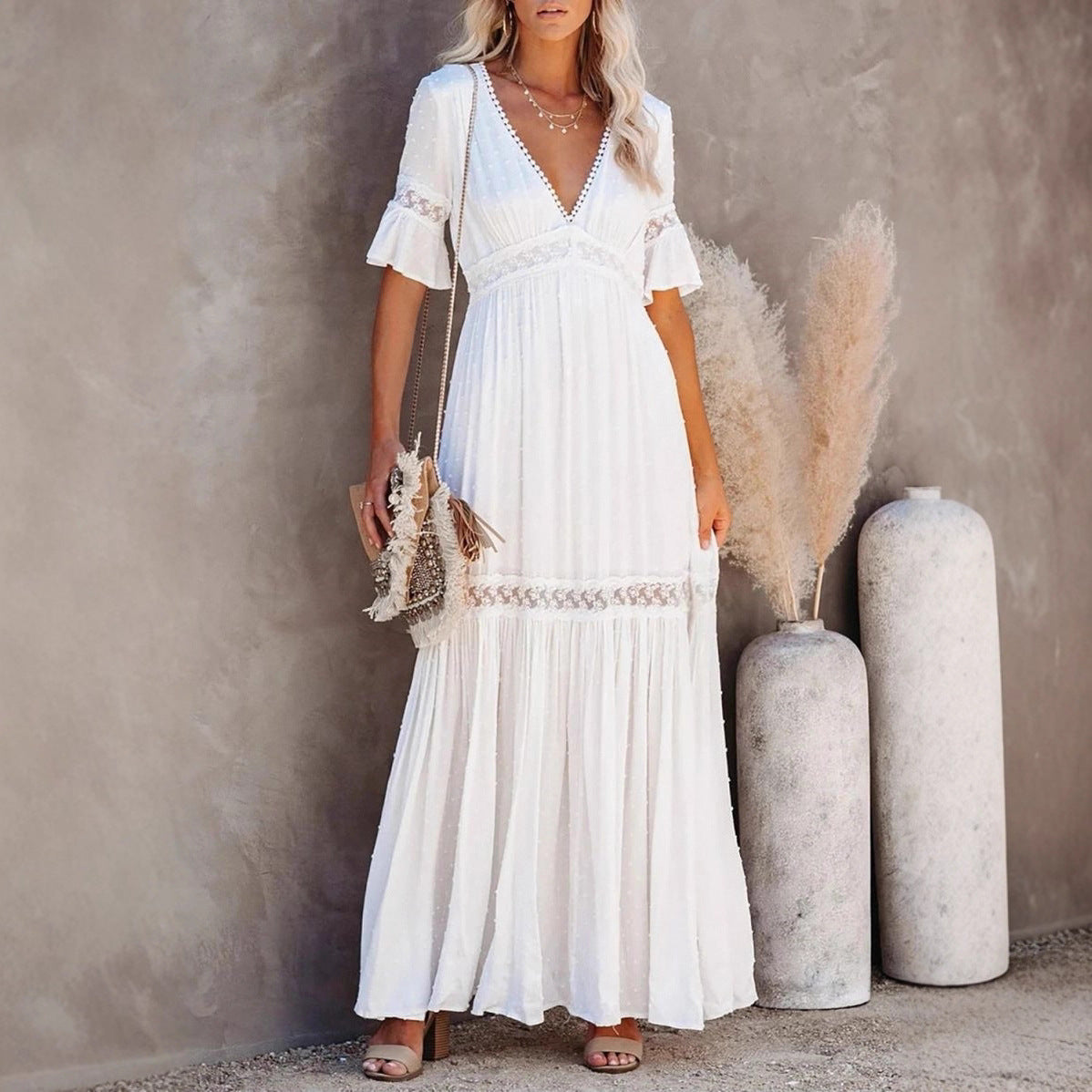 Springsummer New Womens Solid-Colored Lace-Trimmed V-Neck Short-Sleeve Dress