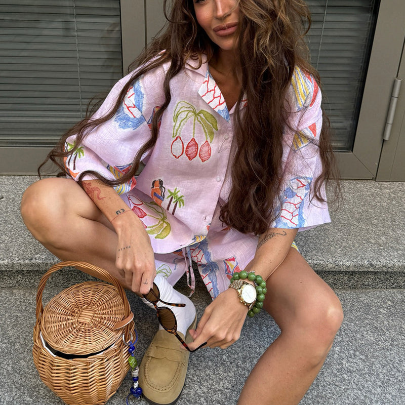 Tropical Print Linen Blend Shirt & Shorts Co-Ord Set