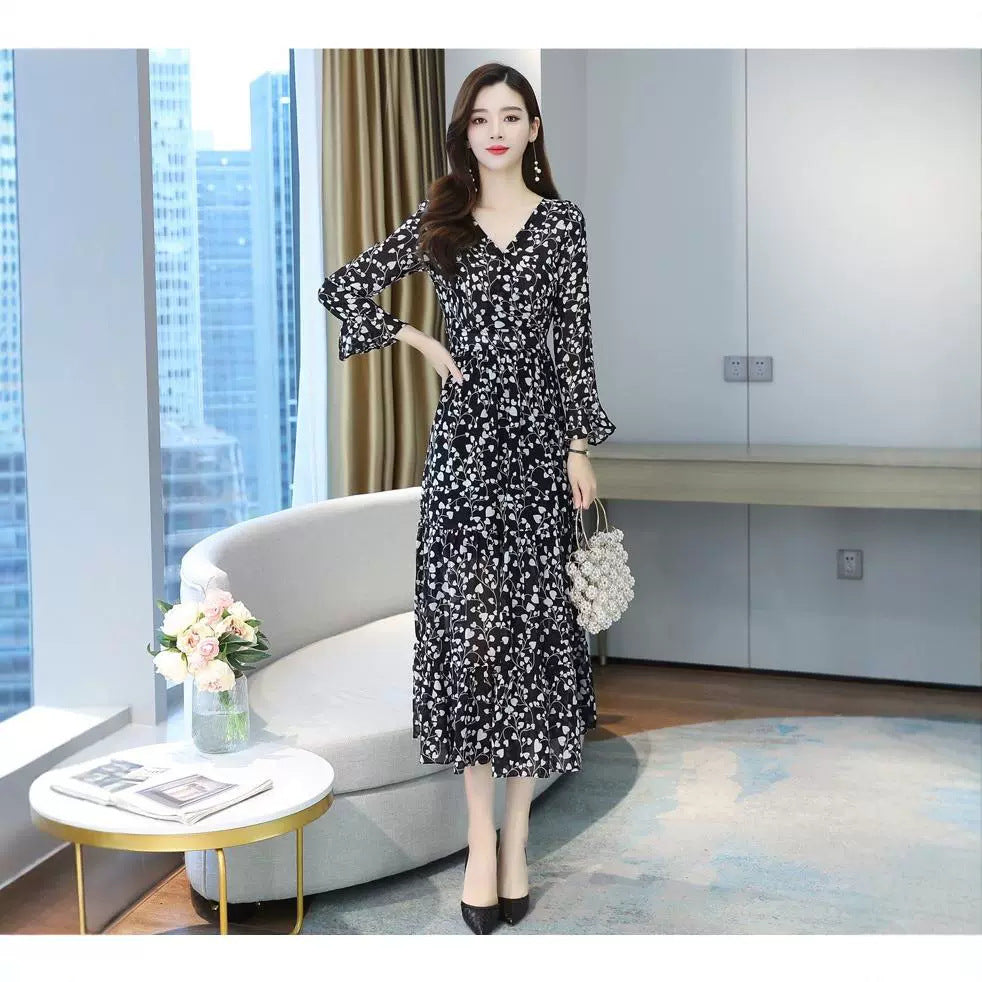 Womens Fashionable Slim-Fit Floral V-Neck Dress