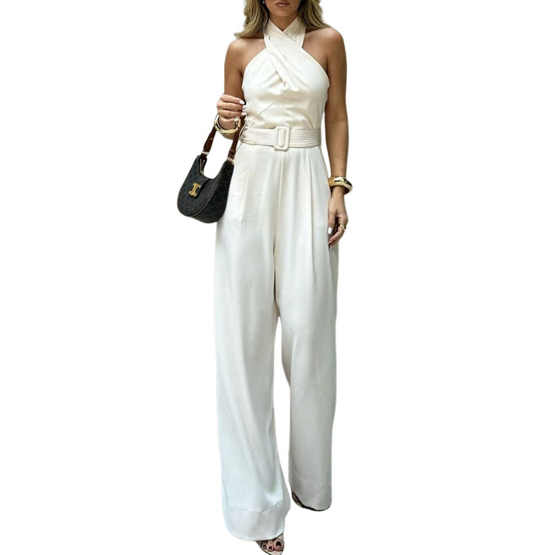 Solid-Color Halter-Neck Waist-Cinching Straight-Leg Jumpsuit
