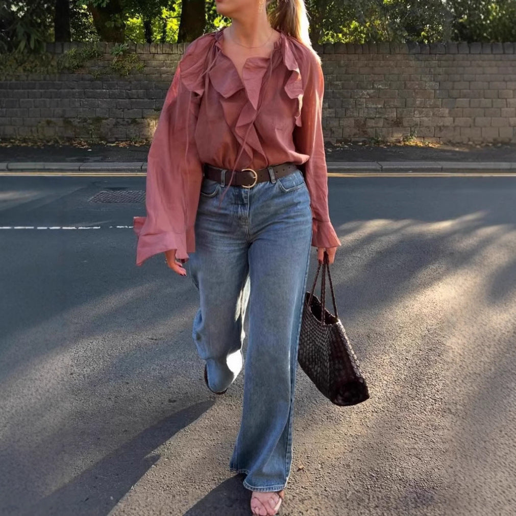 Ruffle-Trimmed Lace-Up Shirt Elegant Top for Women