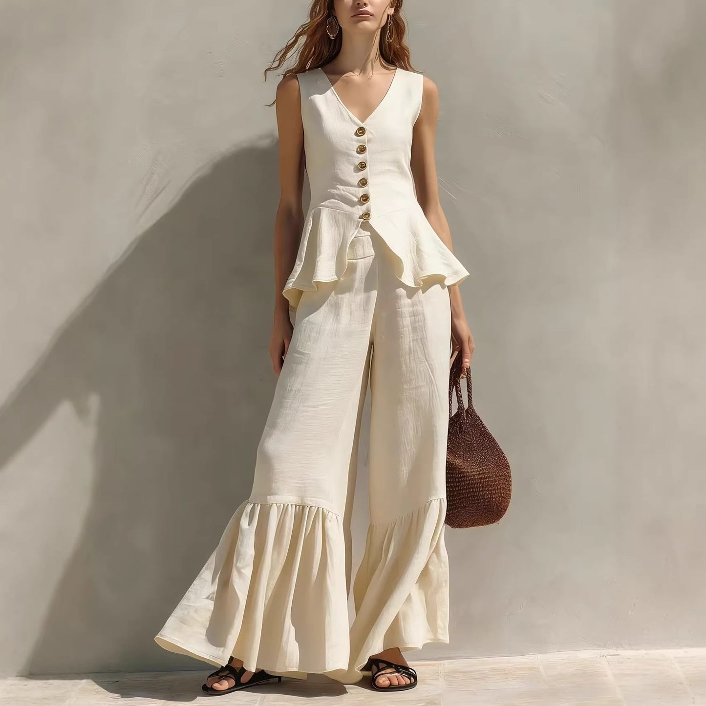 Womens V-Neck Button-Down Top with Flounce Hem and Wide-Leg Linen Pants