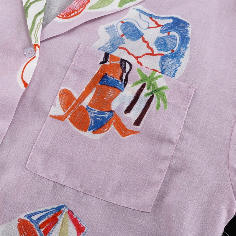 Tropical Print Linen Blend Shirt & Shorts Co-Ord Set
