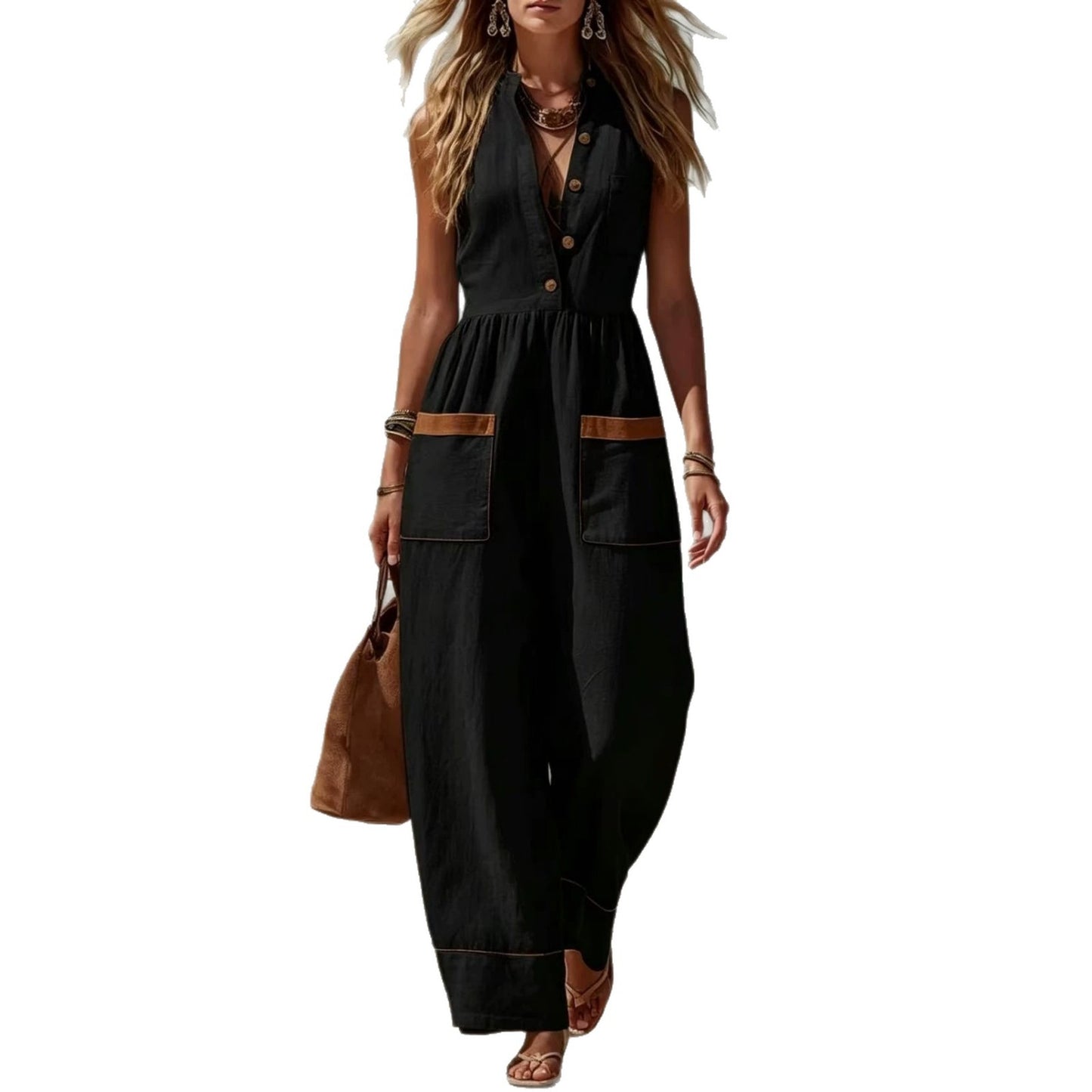 Womens Sleeveless Casual Loose Cotton-Linen Wide-Leg Jumpsuit