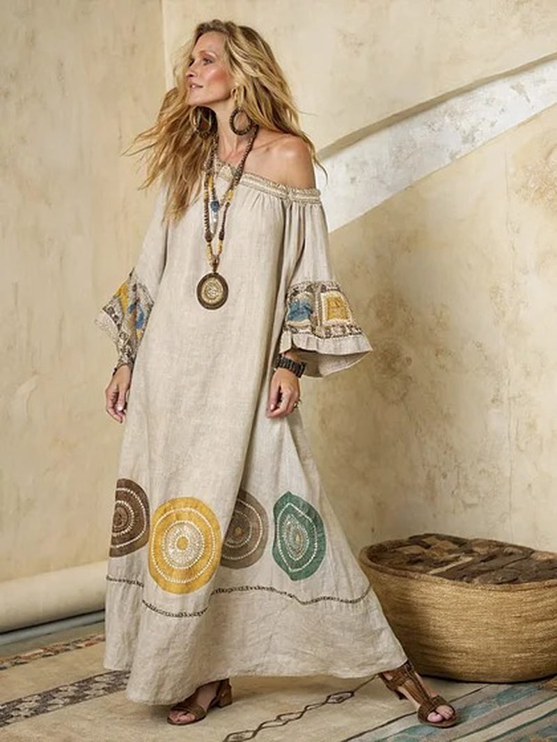 Printed V-Neck Three-Quarter Sleeve Long Kaftan Dress