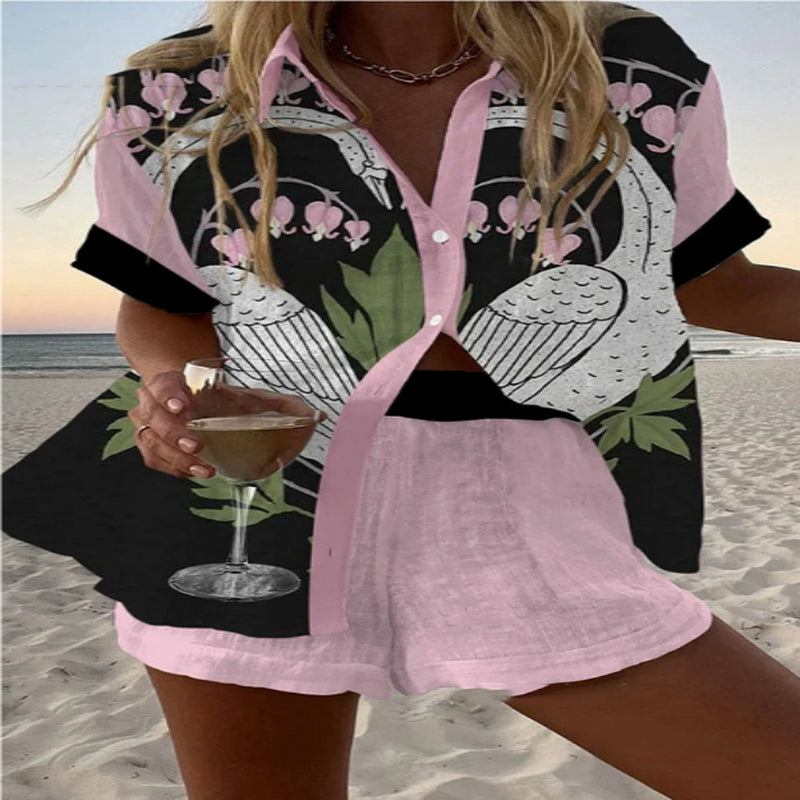 Women'S Fashion Printed Casual Vacation Style Cardigan Shorts Suit
