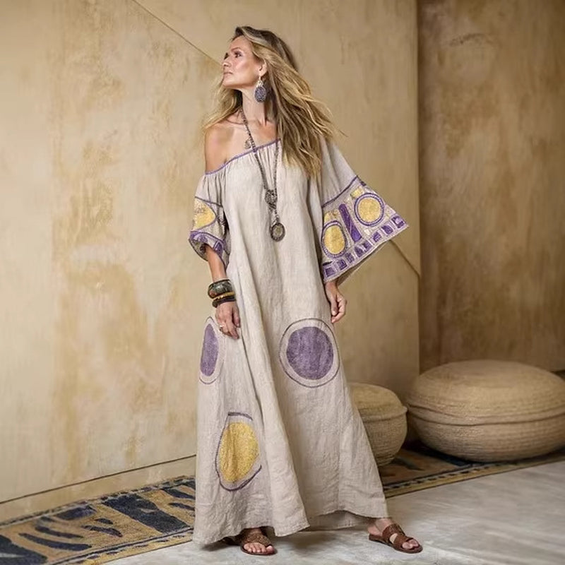 Printed V-Neck Three-Quarter Sleeve Long Kaftan Dress