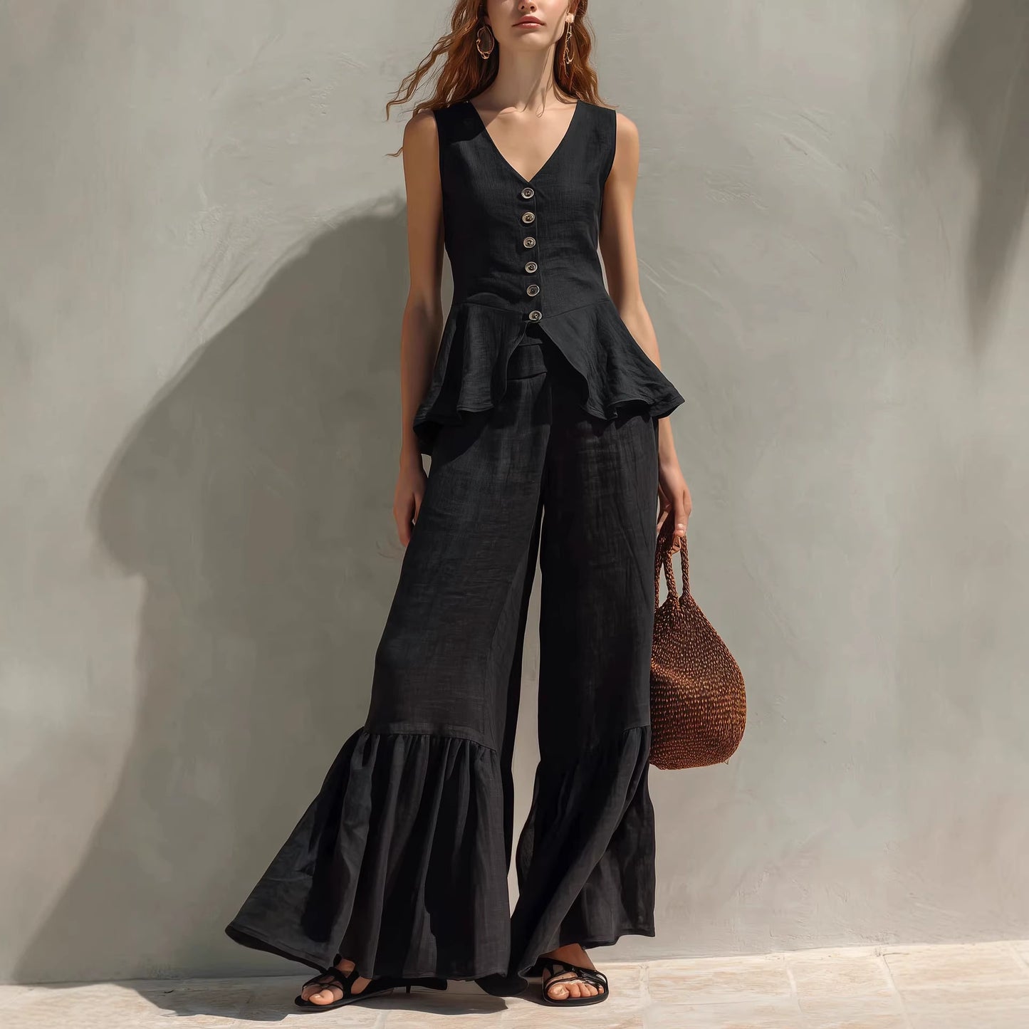 Womens V-Neck Button-Down Top with Flounce Hem and Wide-Leg Linen Pants