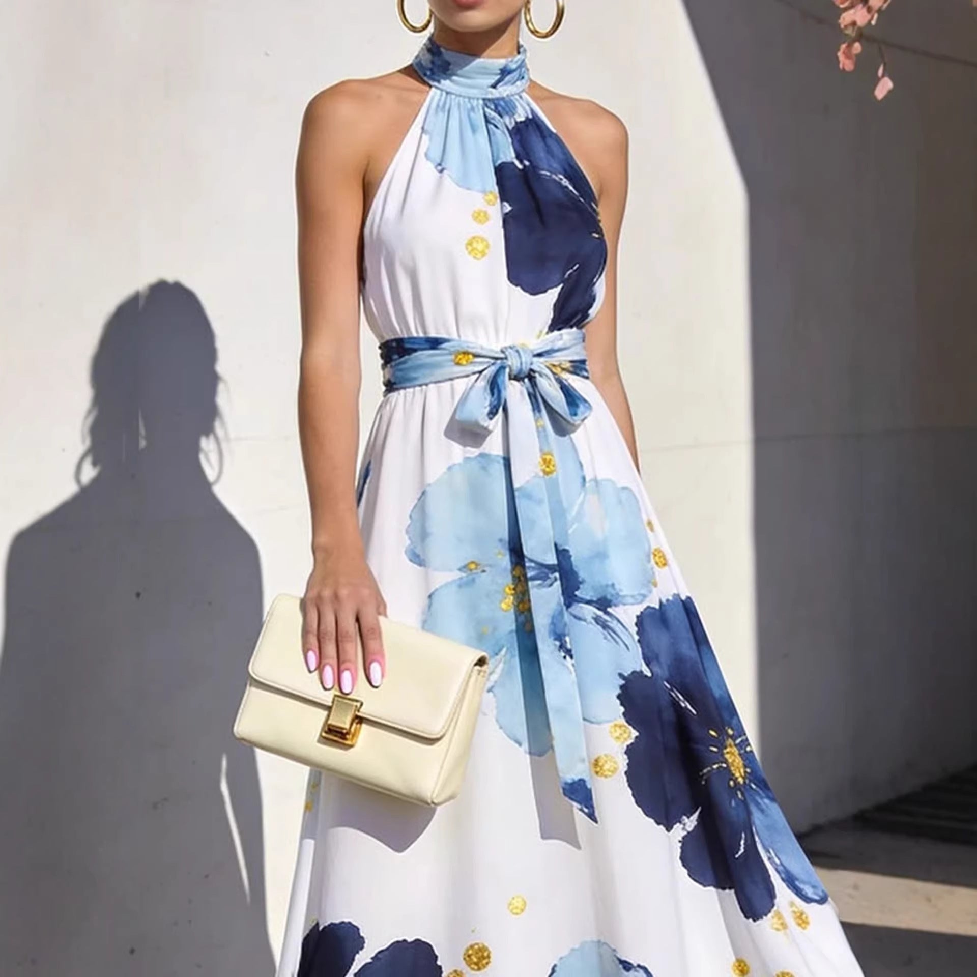 Resort-Style Floral High-Neck Lace-Up Sleeveless Maxi Dress
