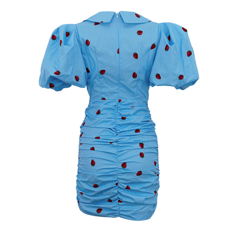Blue Strawberry Print Ruched Mini Dress