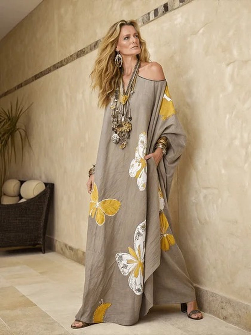 Printed V-Neck Three-Quarter Sleeve Long Kaftan Dress