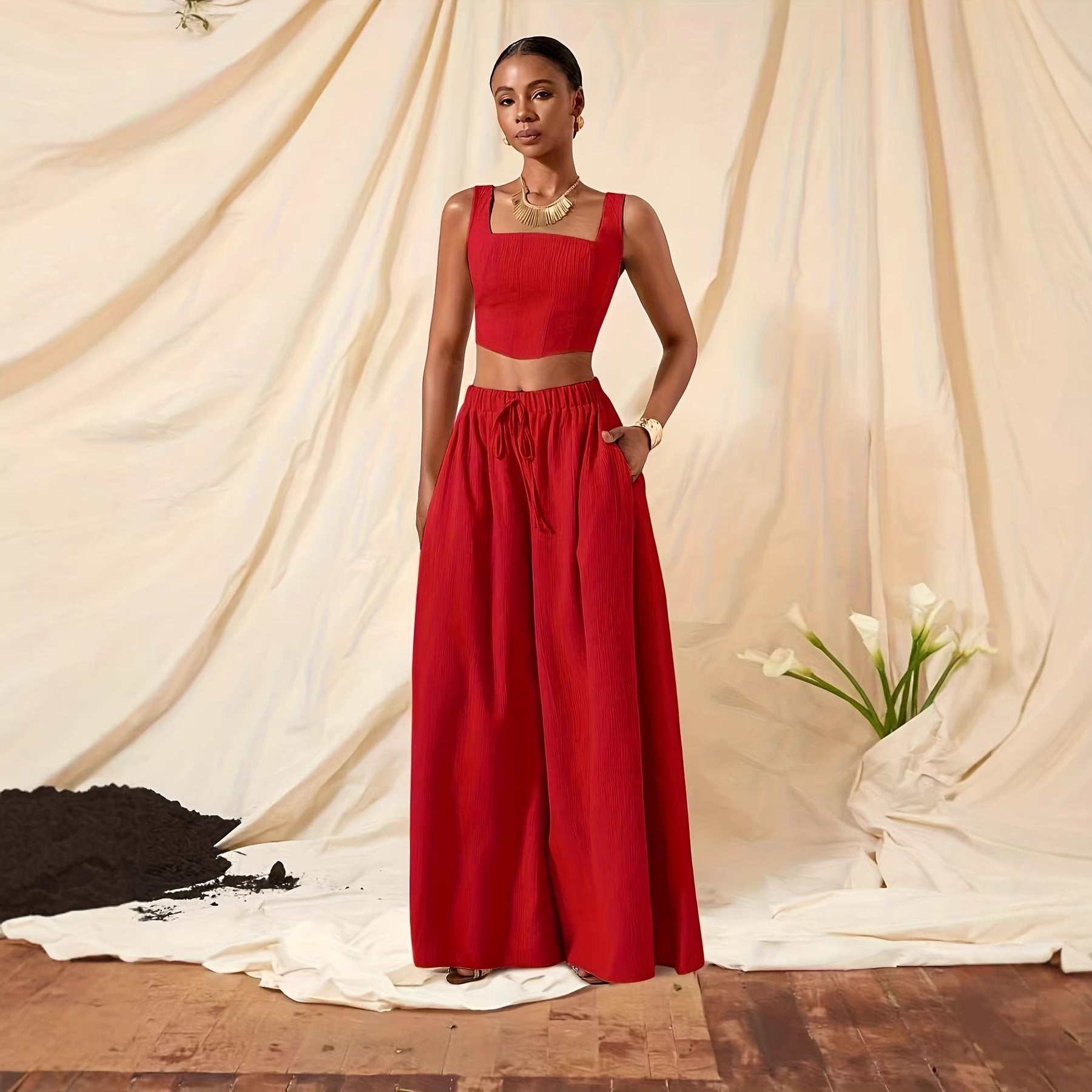 Vacation-Ready Fishbone Strap Top and Wide-Leg Pants with Pockets 2-Piece Set