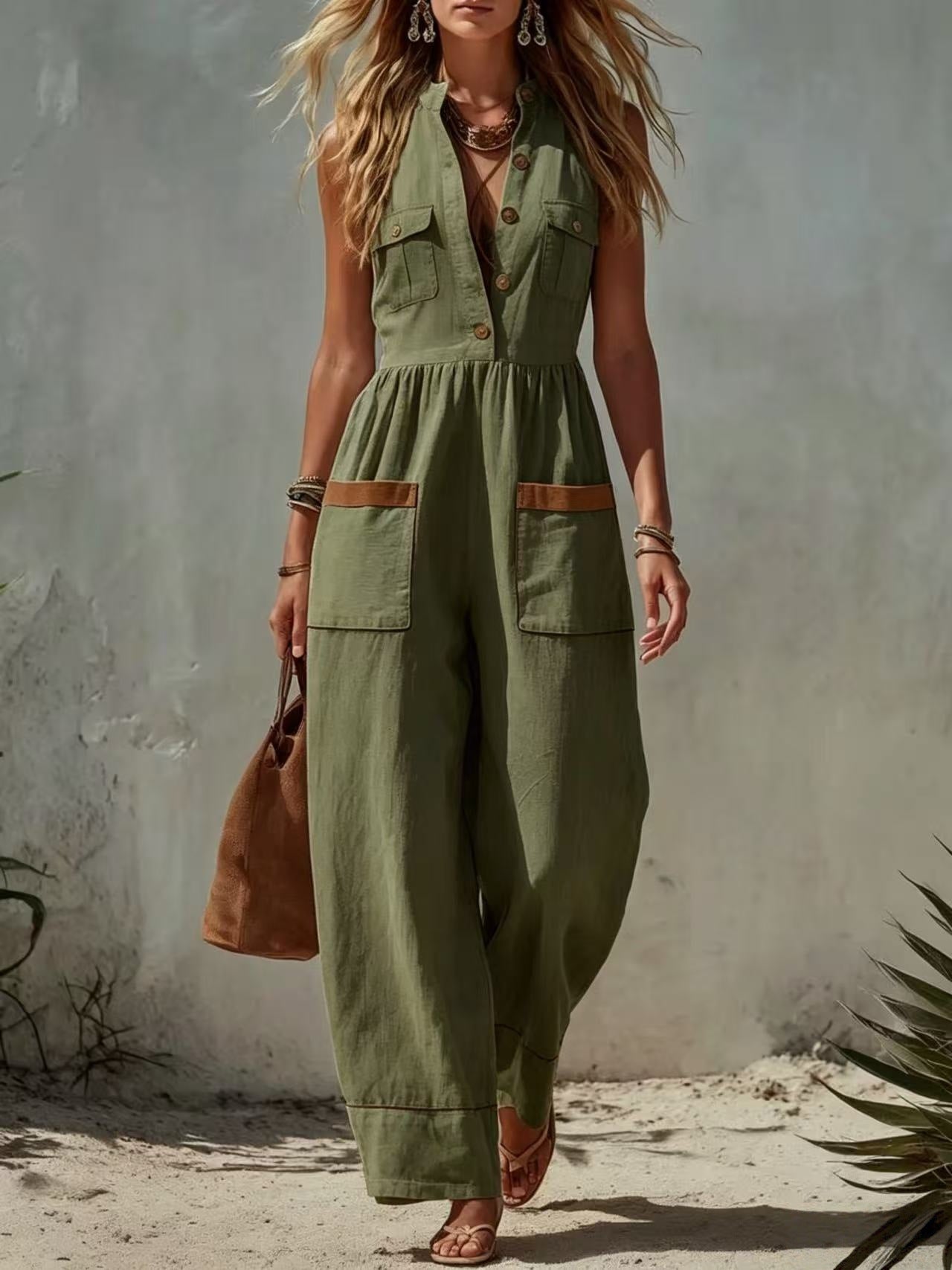 Womens Sleeveless Casual Loose Cotton-Linen Wide-Leg Jumpsuit