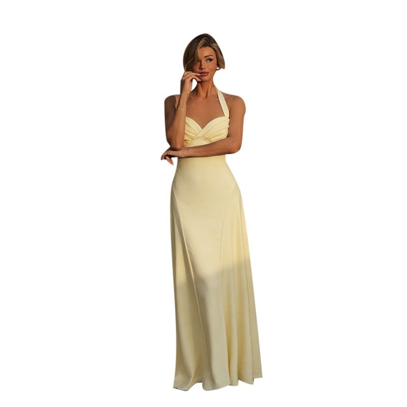 Sophisticated Pleated Sexy Sleeveless Solid-Color Waist-Cinching Slip Dress