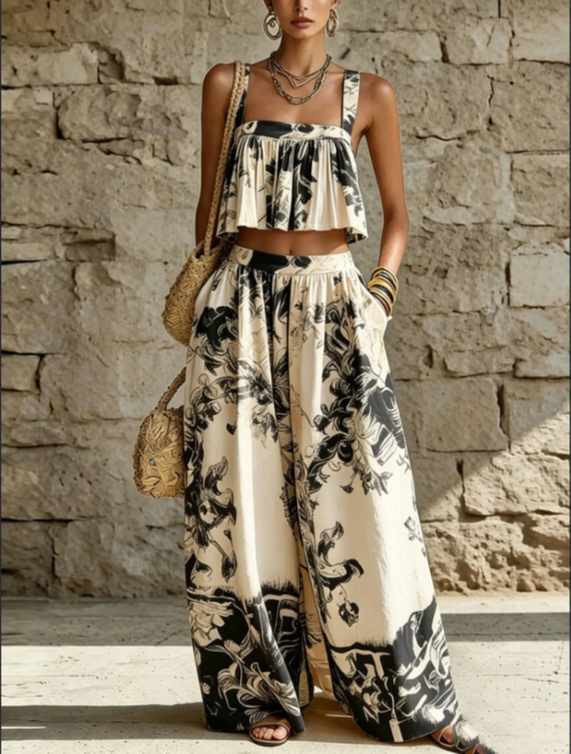 Black & Beige Abstract Floral Print 2-Piece Crop Top & Wide Leg Pants Set