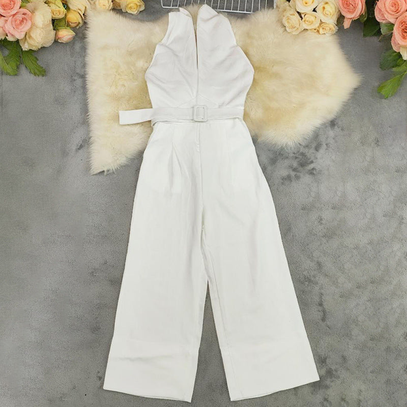 Solid-Color Halter-Neck Waist-Cinching Straight-Leg Jumpsuit