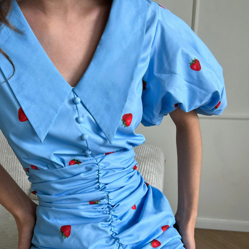 Blue Strawberry Print Ruched Mini Dress