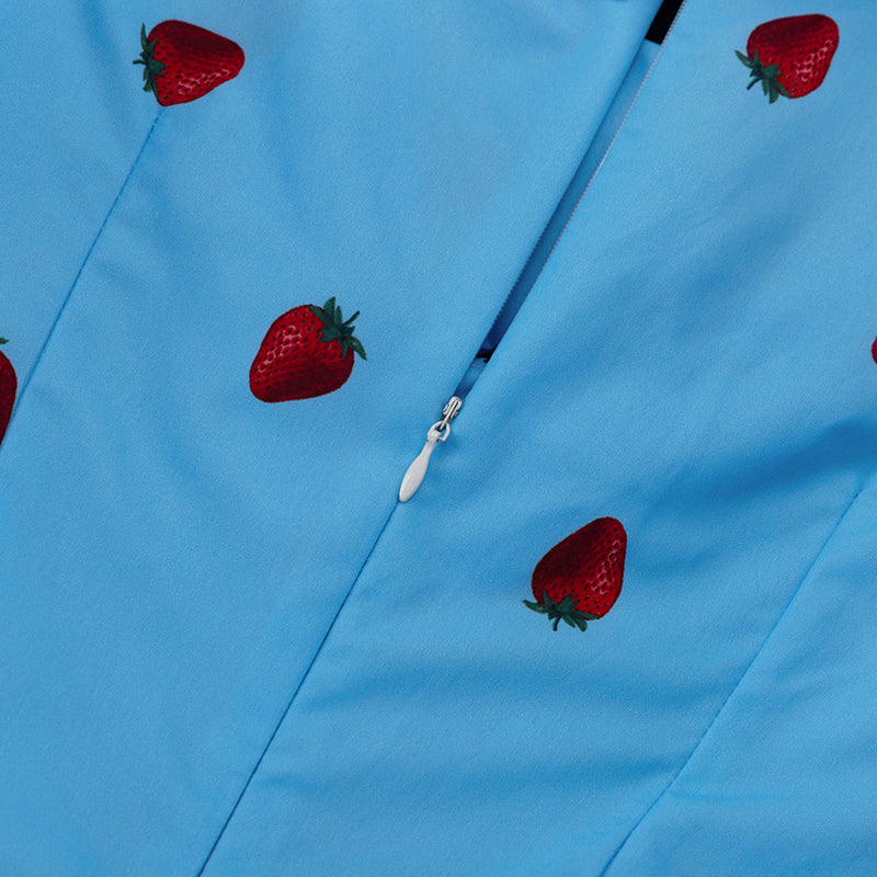 Blue Strawberry Print Ruched Mini Dress