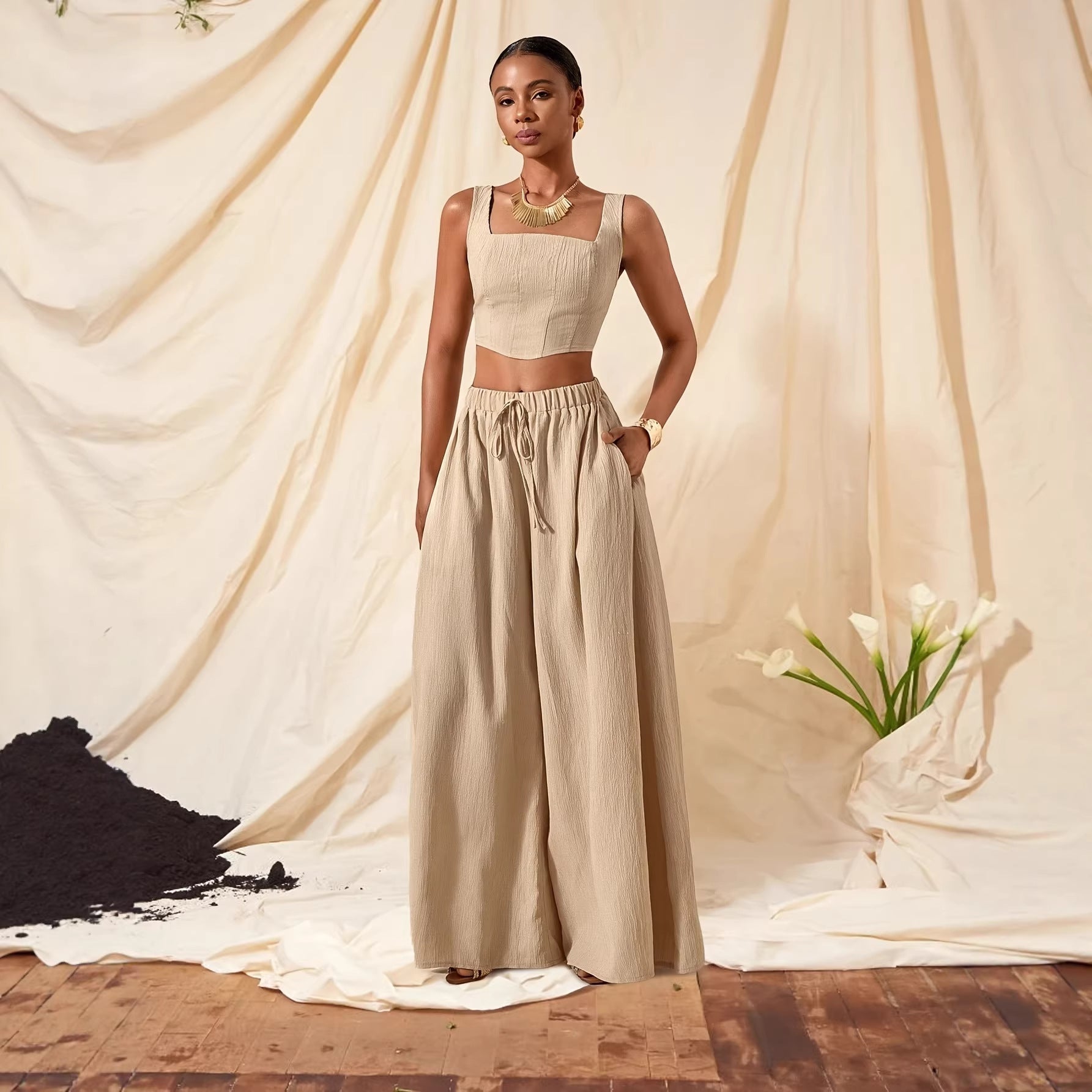 Vacation-Ready Fishbone Strap Top and Wide-Leg Pants with Pockets 2-Piece Set