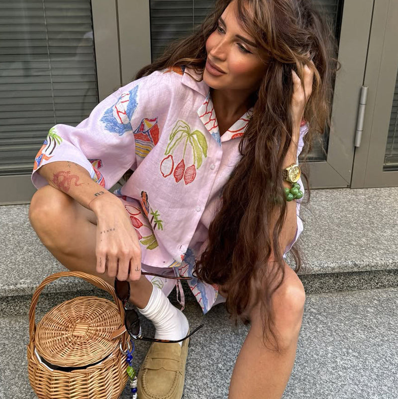 Tropical Print Linen Blend Shirt & Shorts Co-Ord Set