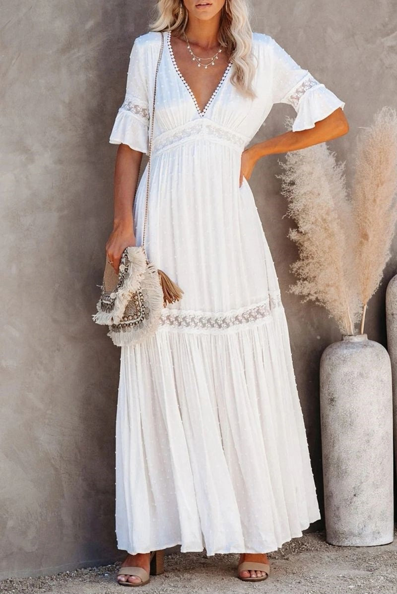 Springsummer New Womens Solid-Colored Lace-Trimmed V-Neck Short-Sleeve Dress